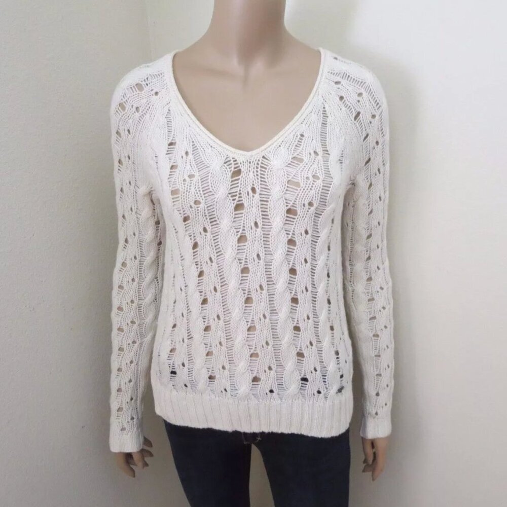 NEW Abercrombie Womens Open Stitch Knit V-Neck Sweater Size XS Top Shirt Cream